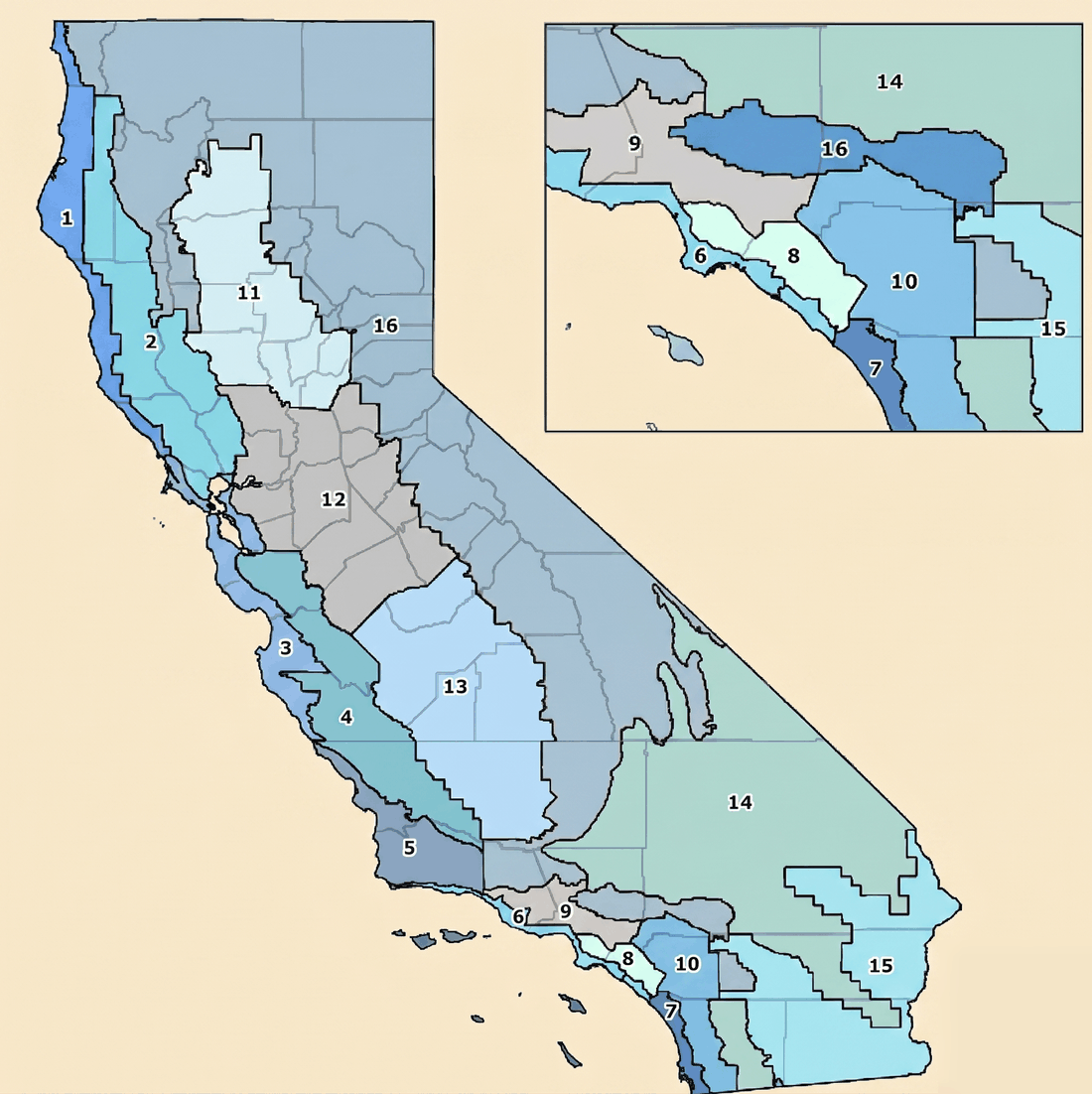 Map of California's 16 Title 24 climate zones, with a Southern California inset