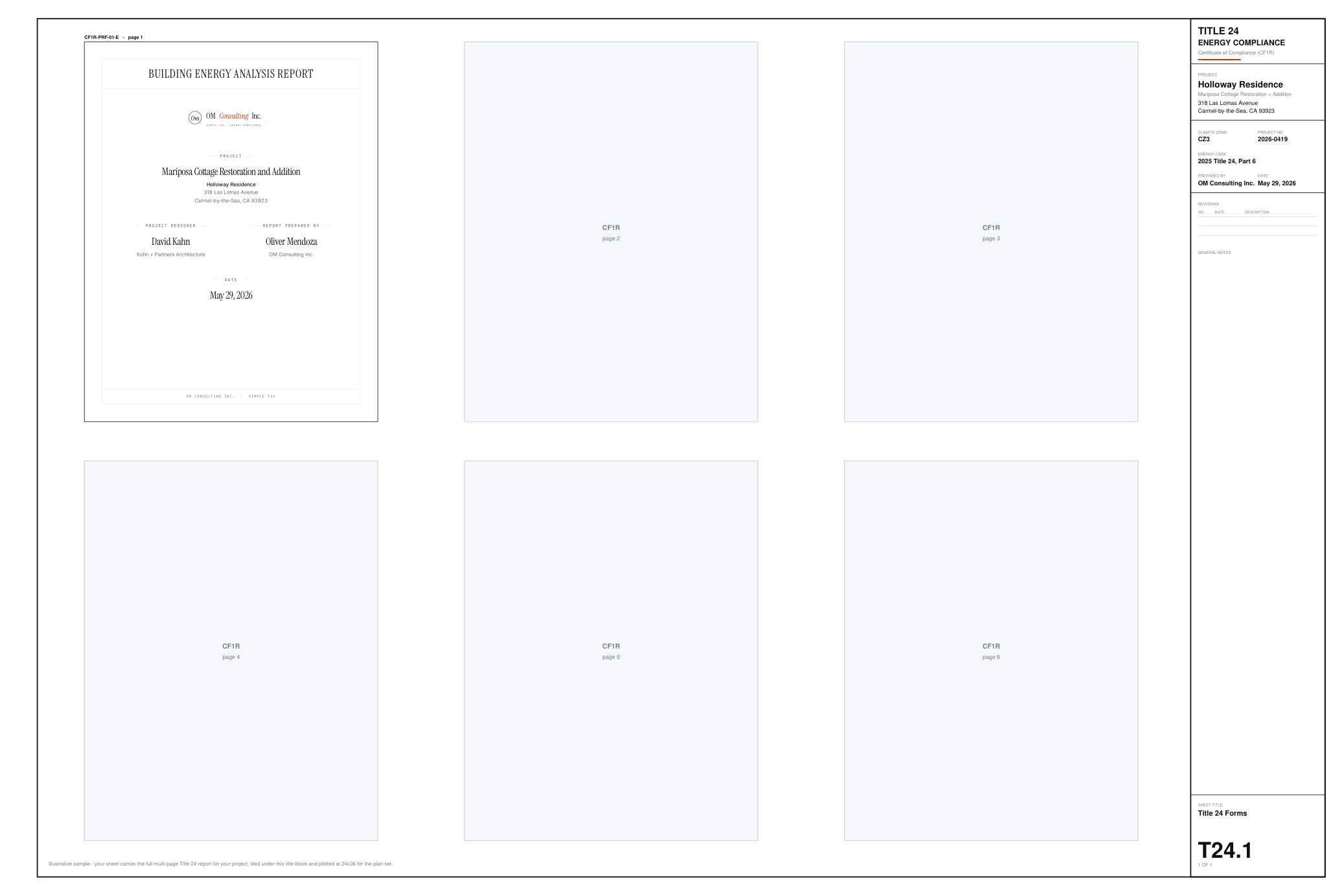 Sample 24-by-36 plan-set sheet with the Title 24 forms tiled under a title block